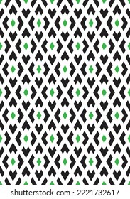 Formal diamond pattern on white background. Colorful abstract art. Black and green diamond shape on white backdrop.