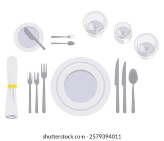 Formal dining table setting. Plate, fork, spoon, knife, glass, napkin and other eating utensils from overhead or top view