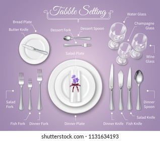 Formal Dinner Place Setting Infographics Background With Flatware On Rose Tablecloth Realistic Vector Illustration