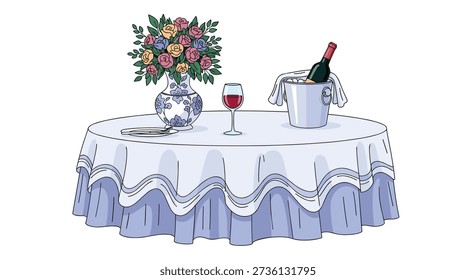 Configuração formal da mesa de jantar com uma toalha de mesa de babado azul, um buquê de rosas em um vaso padronizado, champanhe e uma taça de vinho.