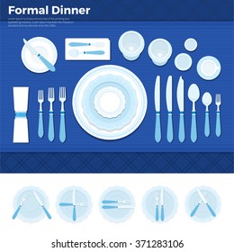 Formal Dinner Vector Flat Illustrations. Table Served With Utensils For Formal Dinner, Plate With Forks, Spoons And Knives On Blue Cloth. Formal Eating Concept. Plates With Knives Isolated On White