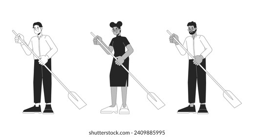 Formal diverse adults rowing paddles black and white 2D line cartoon characters set. Multicultural isolated vector outline people collection. Water activity monochromatic flat spot illustrations