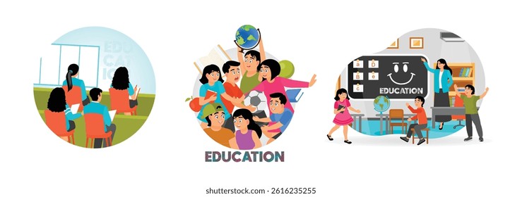 Formal education concept in school. Group of elementary school students with education icons and various lessons. Happy children playing educational games. Set flat vector illustration.