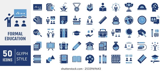 Symbolsammlung für formale Bildung. Enthaltend Lebensfähigkeiten, Trophäe, Gemeinschaftsklassen, Lehren, Lernen, formell, Training Symbol. Einfache, flache Vektorgrafik.