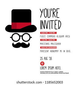 Formal Event Invitation Template With Hat Spectacles and Moustache Flat Vector Illustration Agenda Venue and Date Details