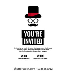 Formal Event Invitation Template With Hat Spectacles and Moustache Flat Vector Illustration Agenda Venue and Date Details