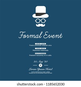Formal Event Invitation Template With Hat Spectacles and Moustache Flat Vector Illustration Agenda Venue and Date Details