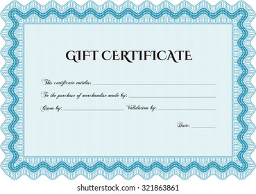 Formal Gift Certificate. Excellent complex design. With guilloche pattern and background. Vector illustration.
