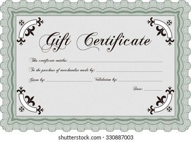 Formal Gift Certificate. Excellent complex design. Detailed.With guilloche pattern. 