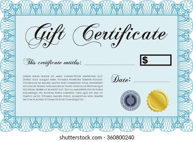 Förmliches Geschenkzertifikat. Ausgezeichnetes, komplexes Design. Mit guillochiertem Muster und Hintergrund. Vektorgrafik.