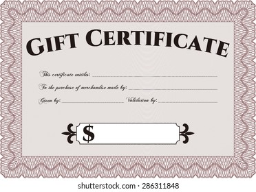 Formal Gift Certificate template. Detailed.Lovely design. With linear background. 