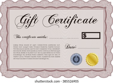 Formal Gift Certificate template. Elegant design. Vector illustration. With guilloche pattern. 