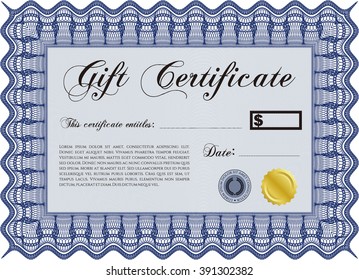 Formal Gift Certificate template. Elegant design. With guilloche pattern and background. Vector illustration. 
