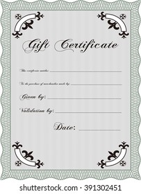 Formal Gift Certificate template. Elegant design. With guilloche pattern and background. Vector illustration. 