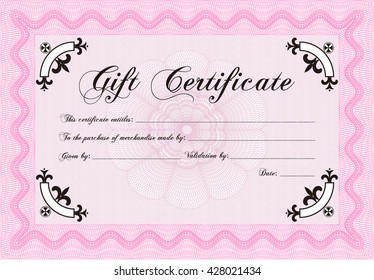 Formal Gift Certificate template. Elegant design. With guilloche pattern and background. Vector illustration. 