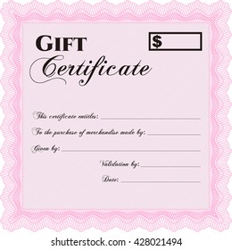 Formal Gift Certificate template. Elegant design. With guilloche pattern and background. Vector illustration. 