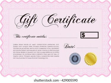Formal Gift Certificate template. Elegant design. Vector illustration. With guilloche pattern. 
