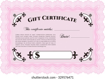 Formal Gift Certificate template. With guilloche pattern. Excellent complex design. Border, frame.