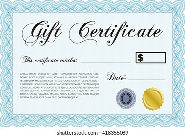 Formal Gift Certificate template. With guilloche pattern and background. Elegant design. Vector illustration. 