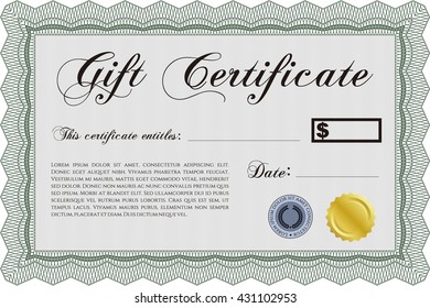 Formal Gift Certificate template. With guilloche pattern. Retro design. 