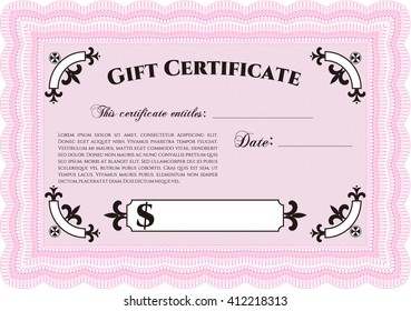 Formal Gift Certificate template. Vector illustration. Elegant design. With guilloche pattern. 