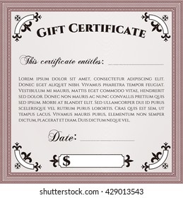 Formal Gift Certificate template. Vector illustration. With guilloche pattern. Elegant design. 