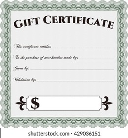 Formal Gift Certificate template. Vector illustration. Elegant design. With guilloche pattern. 