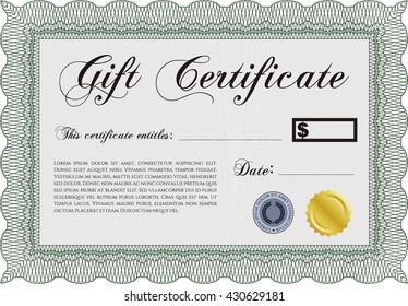 Formal Gift Certificate template. Vector illustration. Elegant design. With guilloche pattern. 