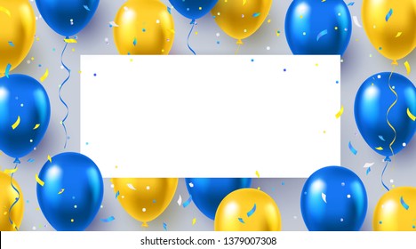 Formal Greeting Design In National Blue And Yellow Colors With Realistic Flying Helium Balloons. Celebration, Festival Background, Greeting Banner, Card, Poster.