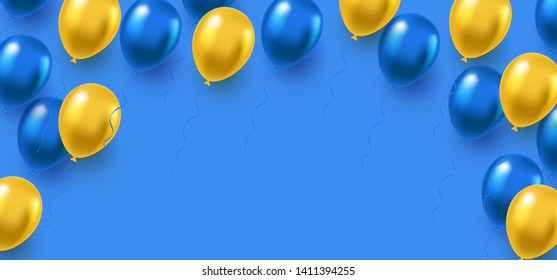 Formal greeting design in national blue and yellow colors with realistic flying helium balloons. Celebration, festival background, greeting banner, card, poster.