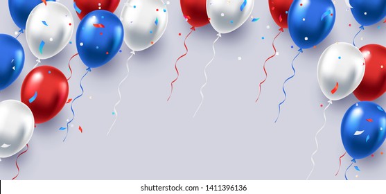 Formal greeting design in national blue, red and white colors with realistic flying balloons. Celebration, festival background. Greeting banner or poster with white, blue, and red helium balloons.