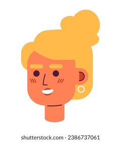 Formal high bun hairstyle caucasian woman 2D vector avatar illustration. Charming lady cartoon character face portrait. Brightly smiling flat color user profile image isolated on white background