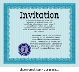 Formal invitation. Artistry design. With complex linear background. Vector illustration.  Light blue color.