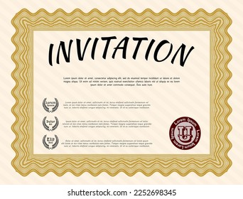 Formal invitation. Artistry design. With linear background. Detailed.  Orange color.