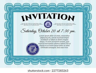 Formal invitation. Money Pattern. With linear background. Detailed.  Light blue color.