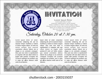 Formal invitation. Retro design. Complex background. Detailed.  Grey color.