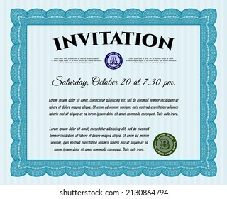 Formal invitation. Retro design. With guilloche pattern and background. Customizable, Easy to edit and change colors.  Light blue color.