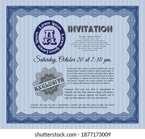 Formal invitation. Retro design. With linear background. Detailed.  Blue color.