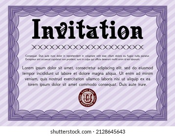 Förmliche Einladung. Retro-Design. Druckerfreundlich. Detaillierte Angaben.  Violettfarbe.