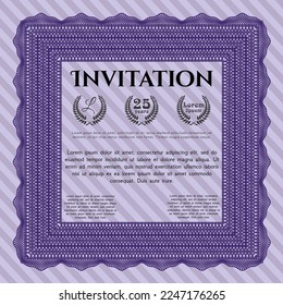 Formal invitation template. Lovely design. With guilloche pattern and background. Vector illustration.  Violet color.