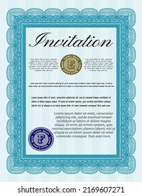 Formal invitation template. Money design. With guilloche pattern. Customizable, Easy to edit and change colors.  Light blue color.