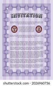 Formal invitation template. Retro design. With guilloche pattern and background.   Violet color.