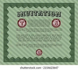 Plantilla de invitación formal. Diseño retro. Con patrón de guilloche y fondo. Personalizable, fácil de editar y cambiar los colores.  Color verde.