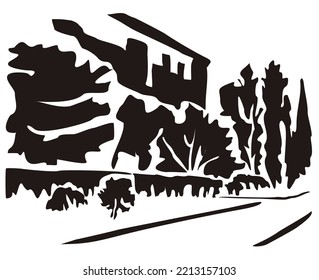 Formal landscape composition. Engraving image of the park area