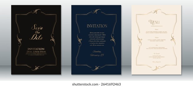 Formal and luxurious wedding invitation set featuring curved gold frames on black, navy blue, and cream backgrounds. Includes Save the Date, Invitation, and Menu cards with elegant typography.