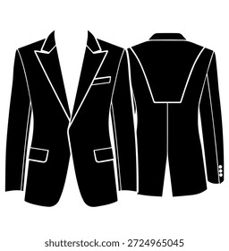 Boceto técnico formal de la chaqueta del traje de los hombres, Plantilla negra del blazer del Profesional con las solapas de la cumbre, vista delantera y posterior