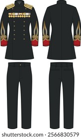 Formal Military Uniform with Double-Breasted Jacket and Matching Trousers – Gold and Red Embellishments, Front and Back View Technical Drawing