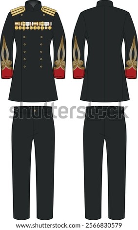 Formal Military Uniform with Double-Breasted Jacket and Matching Trousers – Gold and Red Embellishments, Front and Back View Technical Drawing