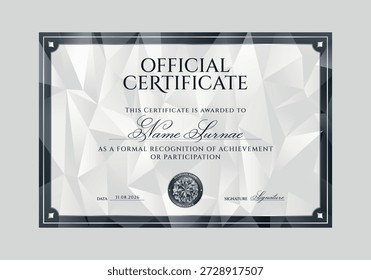 Certificado oficial formal en grafito con emblema de diamante y marco mínimo