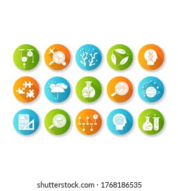 Formal and pure science flat design long shadow glyph icons set. Different scientific disciplines and fields of study. Traditional branches of science. Silhouette RGB color illustration